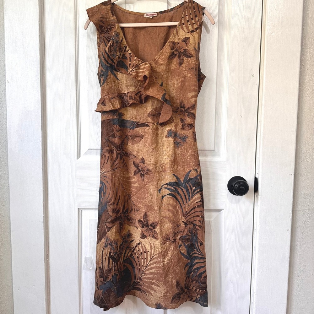 Marina Gigli Made In Italy 100% Linen Brown Tropical Floral Ruffle Dress Medium